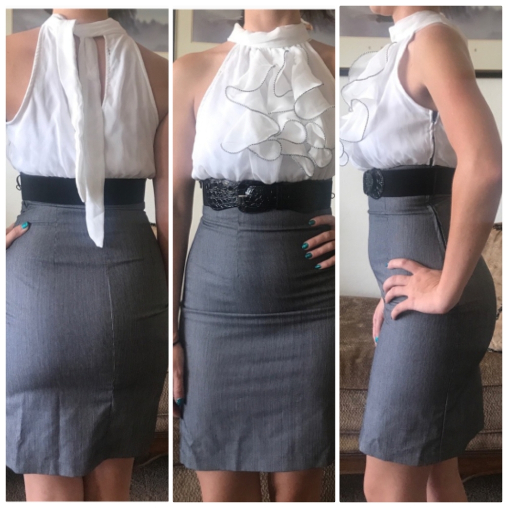 High Neck Ruffle White & Gray Bodice Pencil Dress & Belt Sz 3. BCX